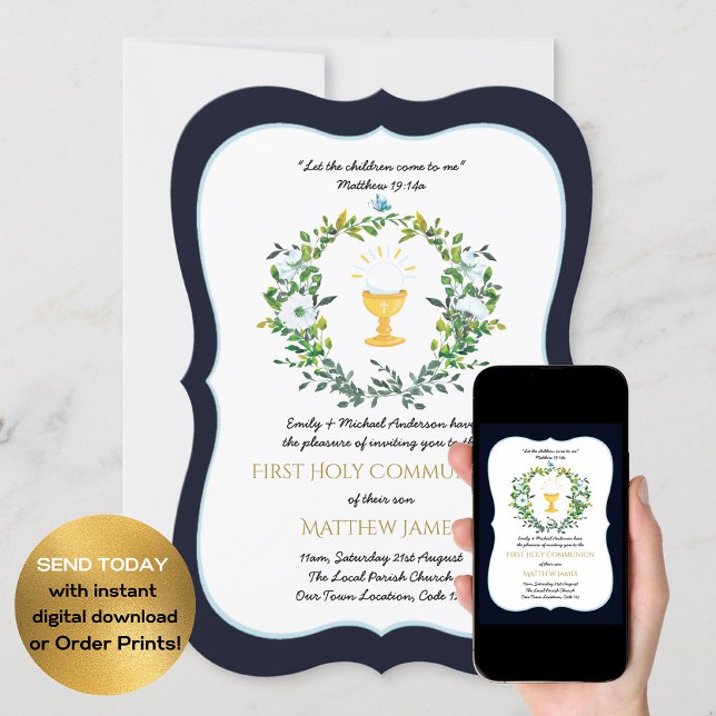 Navy BOYS First Holy Communion Invitations (Creator Uploaded)