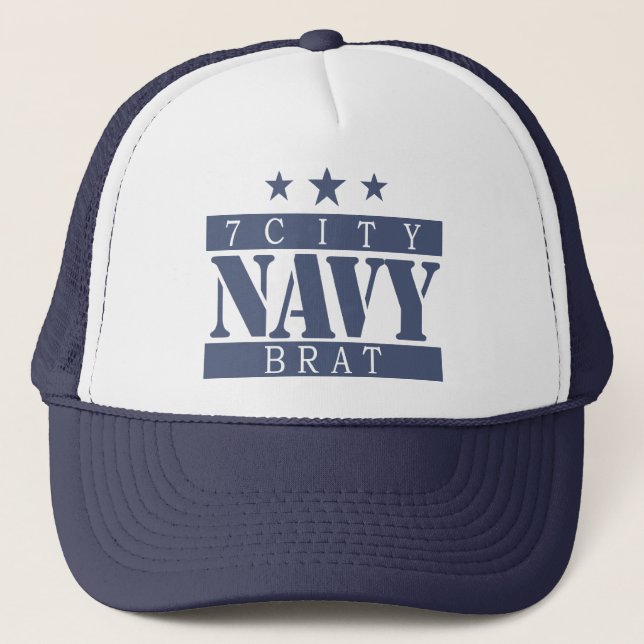 NAVY Brat - Blue Logo Trucker Hat (Front)