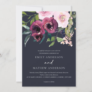 NAVY BRIGHT BLUSH BURGUNDY FLORAL BUNCH WEDDING INVITATION
