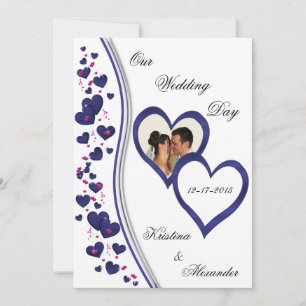 Navy &Bright Pink Hearts Wedding Photo Invitations