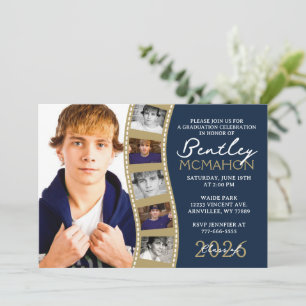Navy & Bronze 6 Photo Filmstrip Graduation Collage Invitation