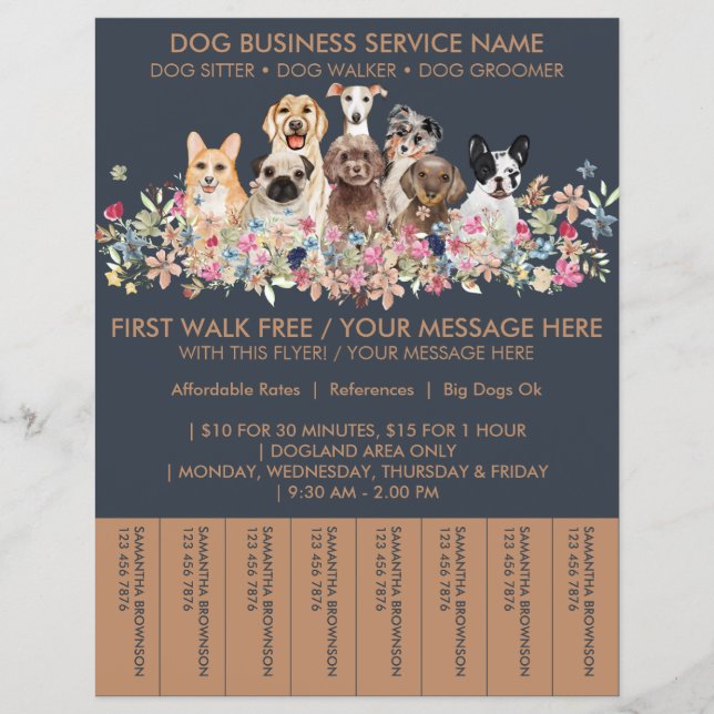 Navy Brown Breeds Dog Walker Flyer Tickets (Front)