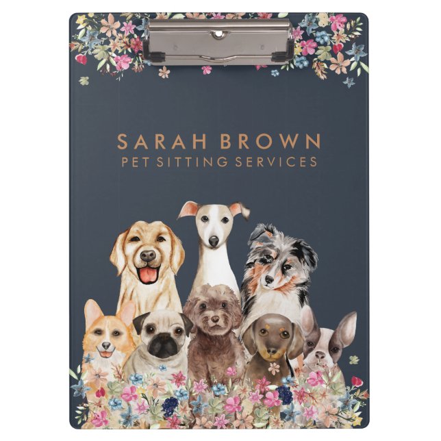 Navy Brown Cute Dog Groomer Small Business flowers Clipboard (Front)