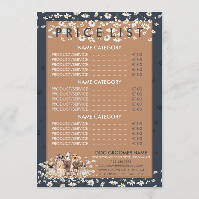 Navy Brown Daisy Flower Dog Groomer Price List Menu (Front)