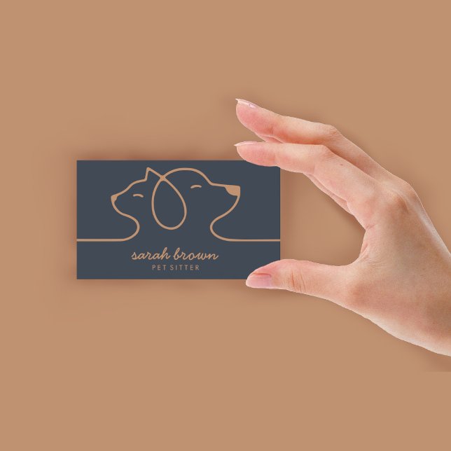 Navy Brown Dog Cat Pet Linear Logo Business Card (Navy Brown Dog Cat Pet Linear Logo Business Card)