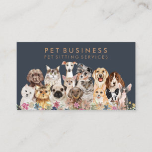 Navy Brown Floral Pet Groomer Spa Dogs Cats Business Card