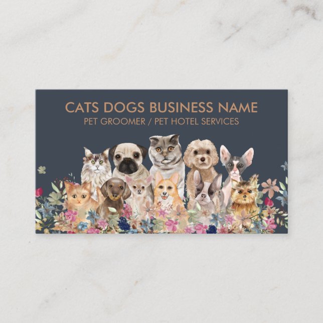 Navy Brown Pet Breed Dogs Cats Business Card (Front)