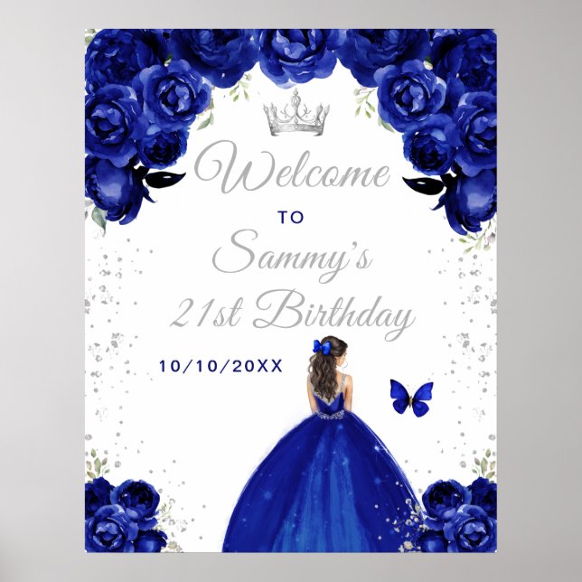 Navy Brunette Hair Princess Birthday Welcome Poster (Front)