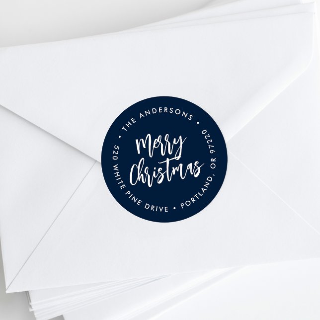 Navy Brush Script Holiday Return Address Classic Round Sticker (Creator Uploaded)