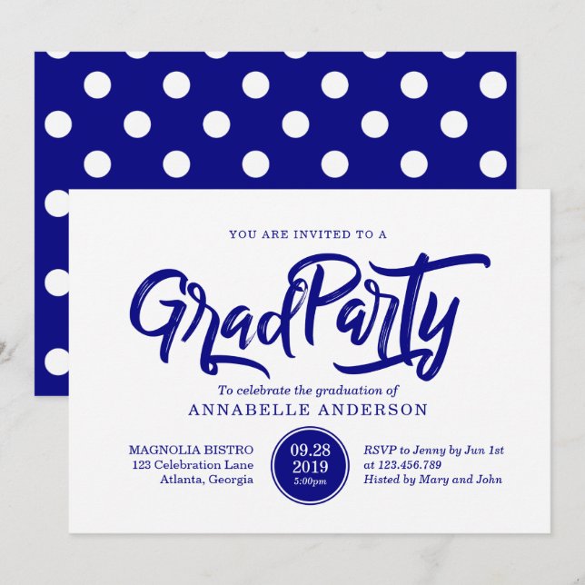 Navy brush typography polka dots graduation party invitation (Front/Back)