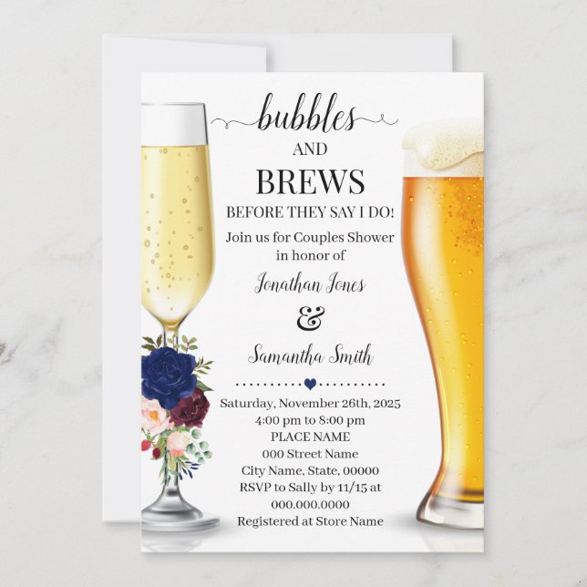 Navy Bubbles and brews before I do couples shower Invitation (Front)