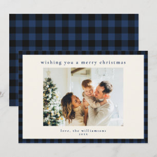 Navy Buffalo Plaid Merry Christmas Family Photo Holiday Card