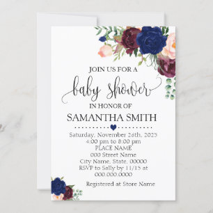 Navy Burgudy floral romantic boho baby shower Invitation