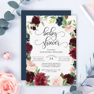 Navy Burgundy and Blush Pink Floral Baby Shower Invitation