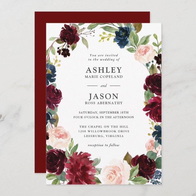 Navy, Burgundy and Blush Watercolor Floral Wedding Invitation (Front/Back)