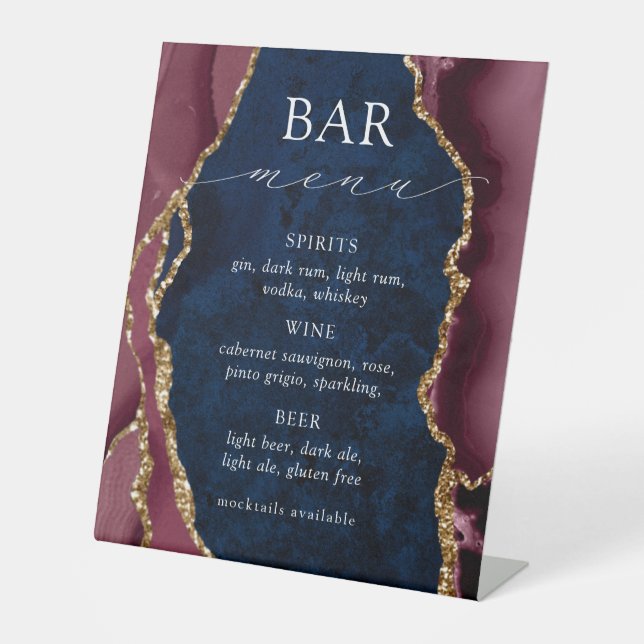 Navy, Burgundy and Gold Agate Bar Menu Pedestal Sign (Front)