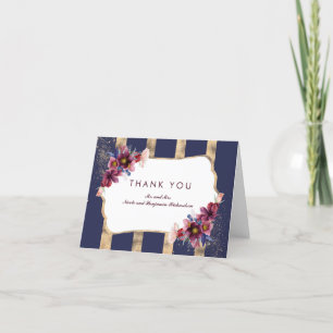 Navy Burgundy and Gold Floral Stripes Thank You Card