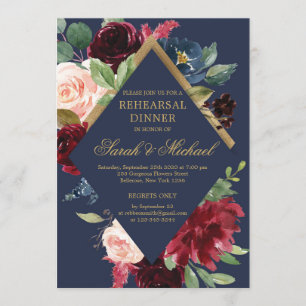 Navy burgundy blush boho floral rehearsal dinner invitation