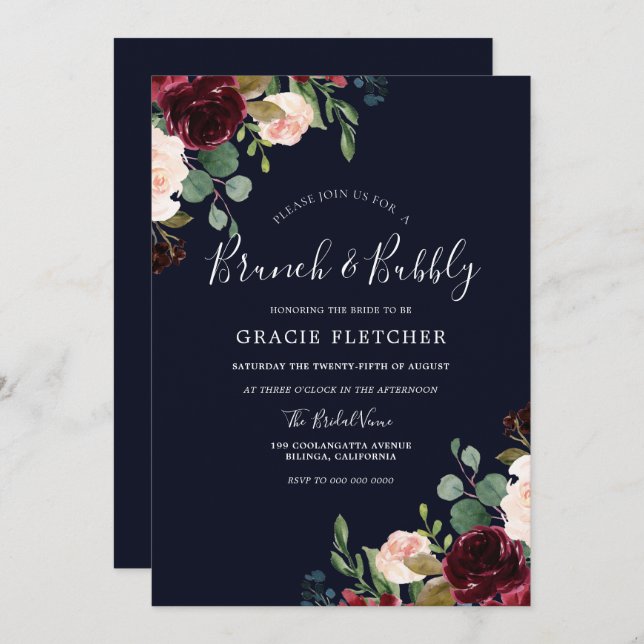 Navy Burgundy Blush Bridal Shower Brunch & Bubbly Invitation (Front/Back)