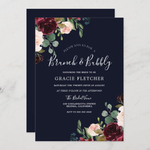 Navy Burgundy Blush Bridal Shower Brunch & Bubbly Invitation