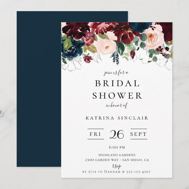 Navy Burgundy Blush Fall Floral Bridal Shower Invitation (Front/Back)