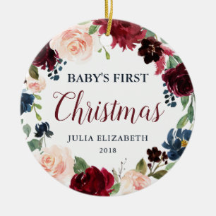 Navy Burgundy Blush Floral Baby's First Christmas Ceramic Ornament