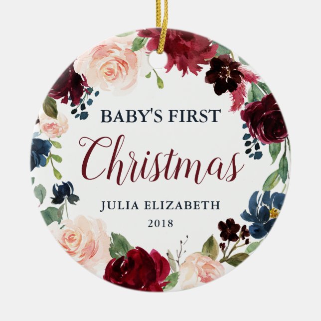 Navy Burgundy Blush Floral Baby's First Christmas Ceramic Ornament (Front)