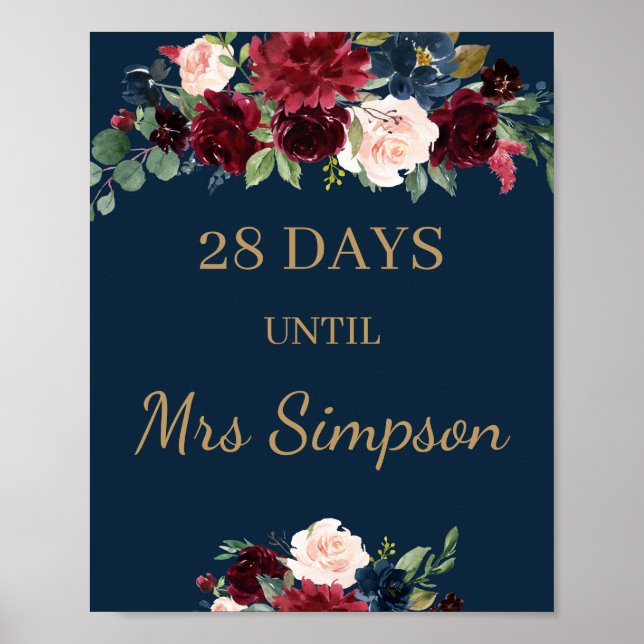Navy burgundy blush floral boho countdown sign (Front)