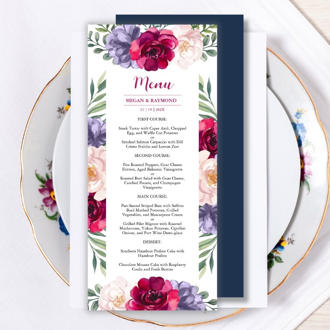 Navy Burgundy Blush Floral Botanical Wedding Menu (Creator Uploaded)