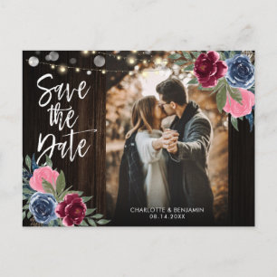 Navy Burgundy Blush Floral Photo Save The Date Postcard