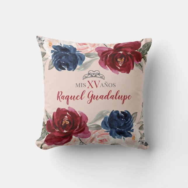 Navy Burgundy Blush Floral Quinceañera Pillow (Front)