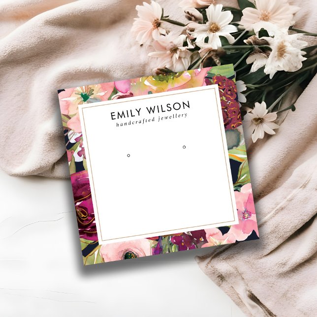 NAVY BURGUNDY BLUSH FLORAL STUD EARRING DISPLAY SQUARE BUSINESS CARD (Creator Uploaded)