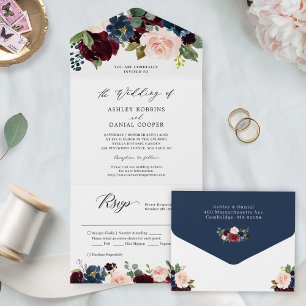 Navy Burgundy Blush Floral Wedding Details RSVP All In One Invitation