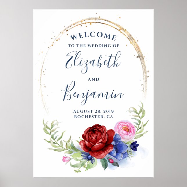 Navy Burgundy Blush Floral Wedding Welcome Sign (Front)