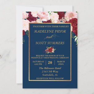 Navy Burgundy Blush Gold Frame Gold Wedding Invitation
