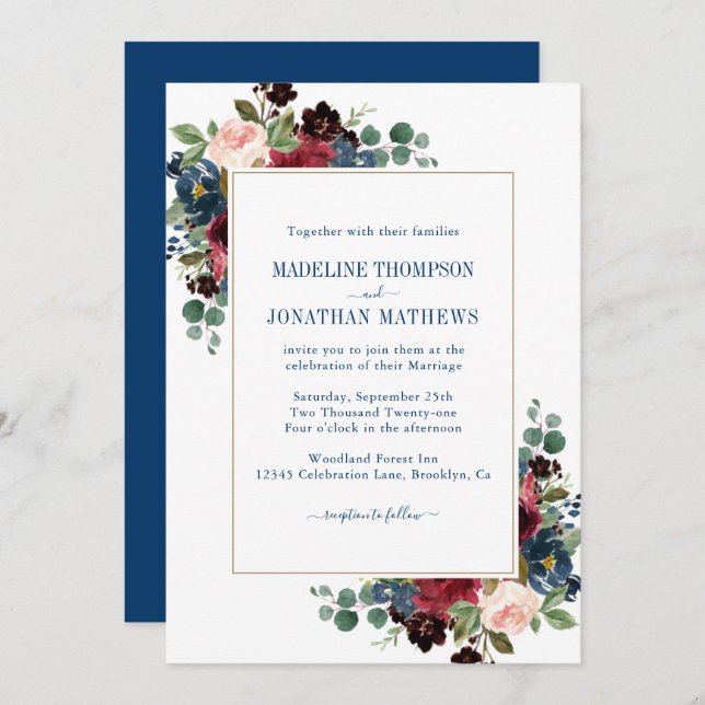 Navy Burgundy Blush Peonies Eucalyptus Wedding Invitation (Front/Back)