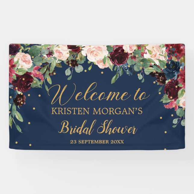 Navy burgundy blush pink boho floral Bridal Shower Banner (Horizontal)