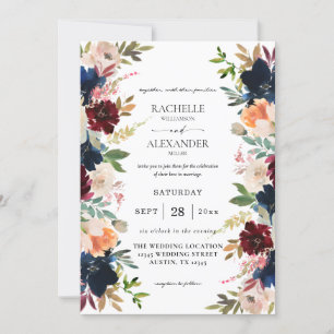 Navy, Burgundy, Blush Pink & Peach Floral Wedding Invitation