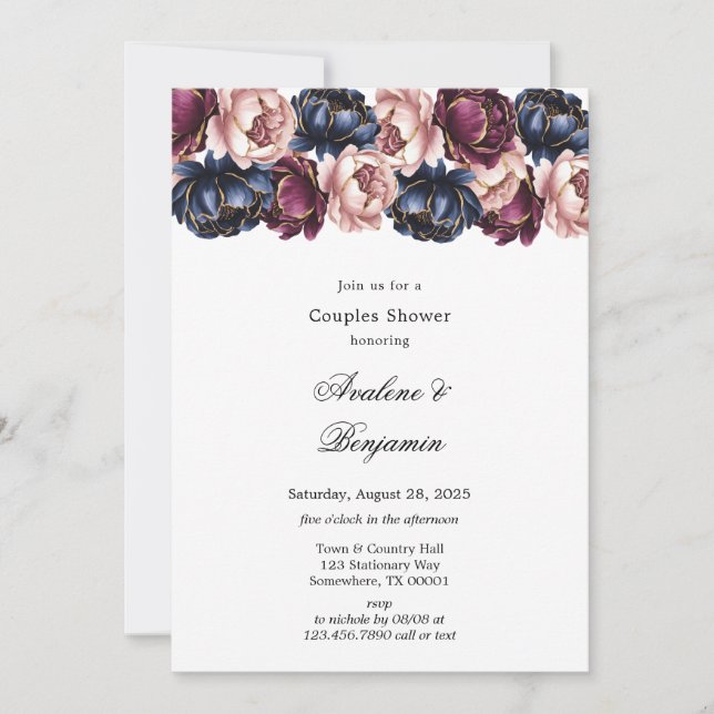 Navy Burgundy Blush Pink Peony Couples Shower Invitation (Front)
