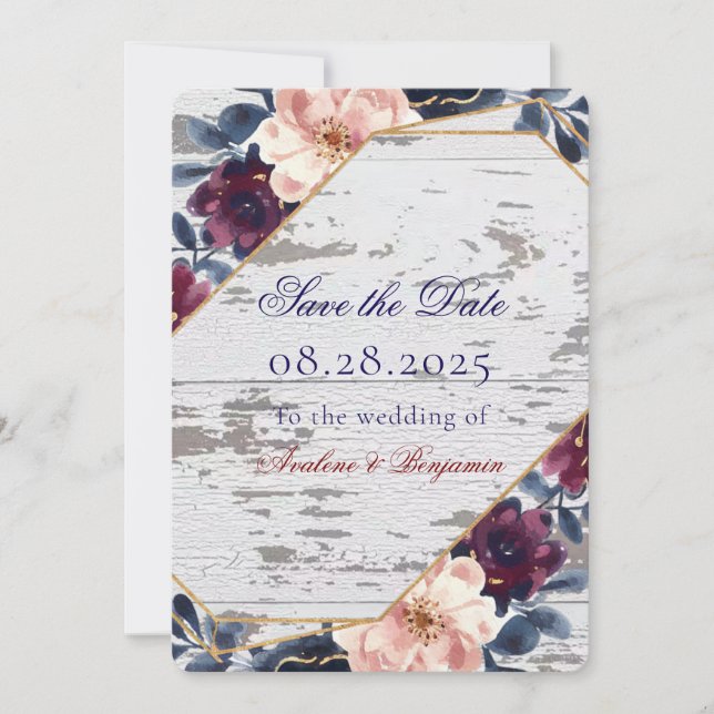 Navy Burgundy Blush Pink Peony Wedding Save The Date (Front)