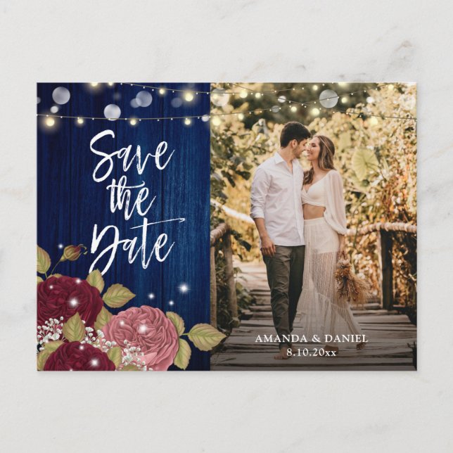 Navy Burgundy Blush Wedding Photo Save The Date Announcement Postcard (Front)