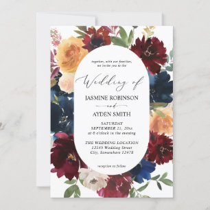 Navy, Burgundy, BlushPink & Peach Floral 2 Wedding Invitation