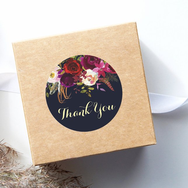Navy Burgundy Boho Floral Fall Wedding Thank You Classic Round Sticker (Creator Uploaded)