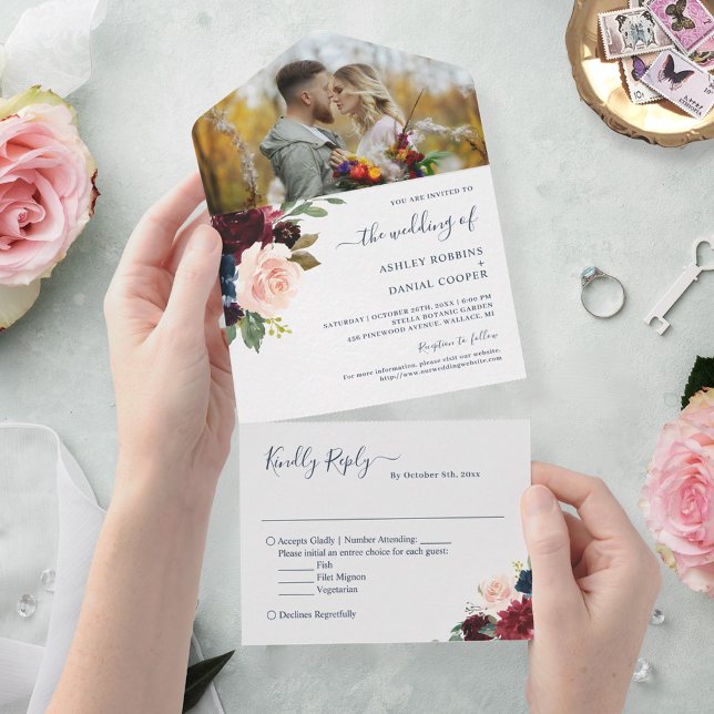 Navy Burgundy Botanical Floral Wedding Photo All In One Invitation (Creator Uploaded)