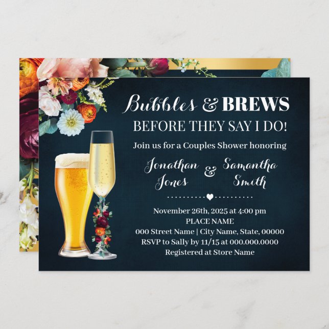 Navy Burgundy Bubbles and Brews Wedding Shower Invitation (Front/Back)