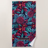 Navy Burgundy Christmas Floral Watercolor Monogram