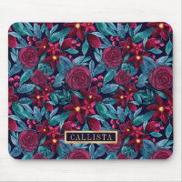 Navy Burgundy Christmas Floral Watercolor Monogram