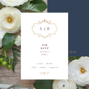 navy burgundy classic traditional gold monogram RSVP card