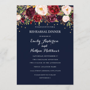 Navy Burgundy Confetti Floral Rehearsal Dinner Invitation