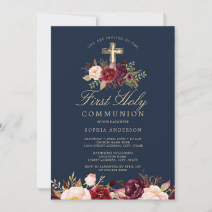 Navy Burgundy Cross Girls First Communion Invitation